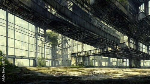Abandoned plant overgrown with vegetation. concept art, interior.