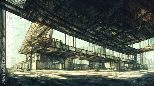 Abandoned plant overgrown with vegetation. concept art  interior.