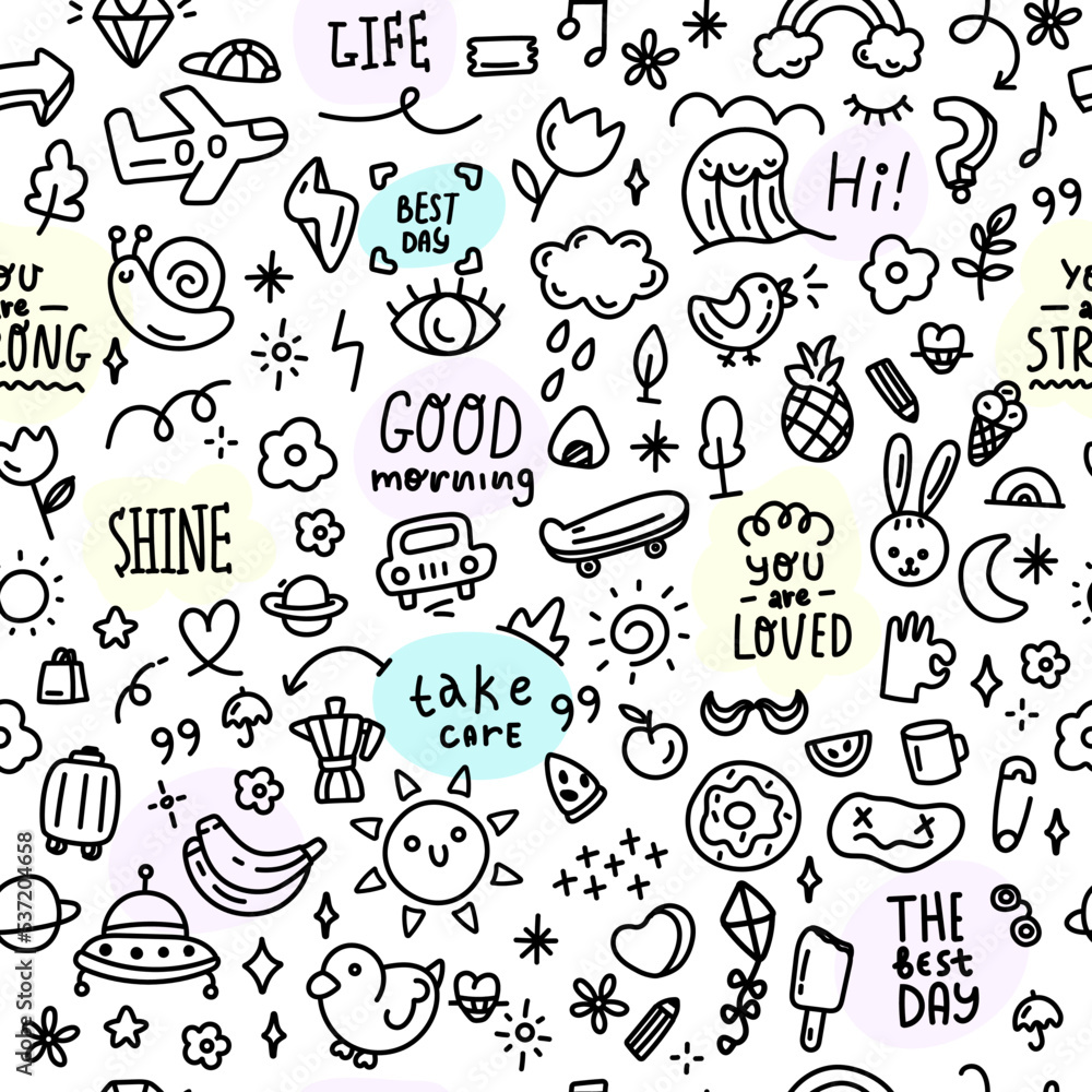 Fun doodle seamless pattern, summer skate illustration, hand drawn sketch elements.