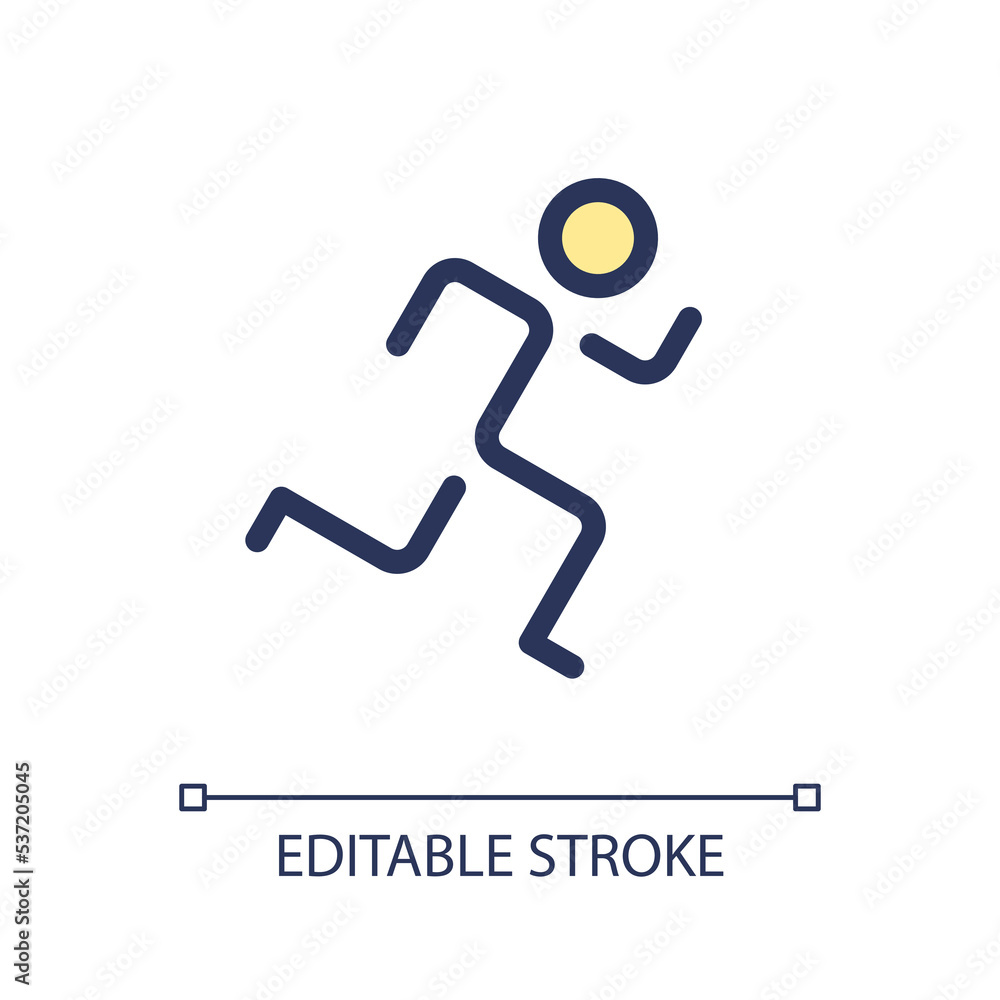 Running pixel perfect RGB color ui icon. Active lifestyle. Jogging practice. Simple filled line element. GUI, UX design for mobile app. Vector isolated pictogram. Editable stroke. Arial font used