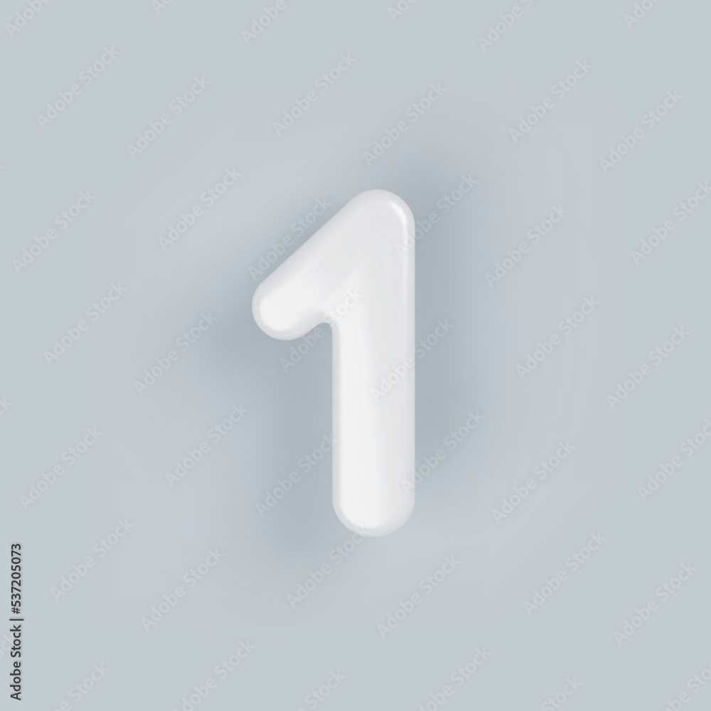 3D White plastic number 1 with a glossy surface on a gray background. 3D White plastic number 1 with a glossy surface on a gray background.