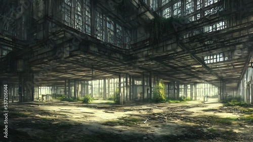 Abandoned plant overgrown with vegetation. concept art, interior.