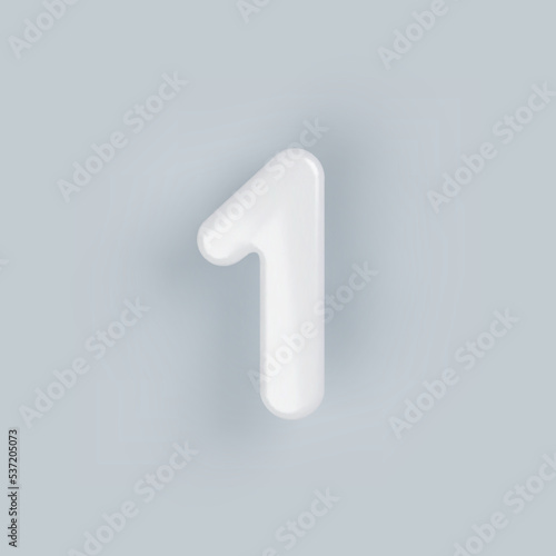 3D White plastic number 1 with a glossy surface on a gray background.