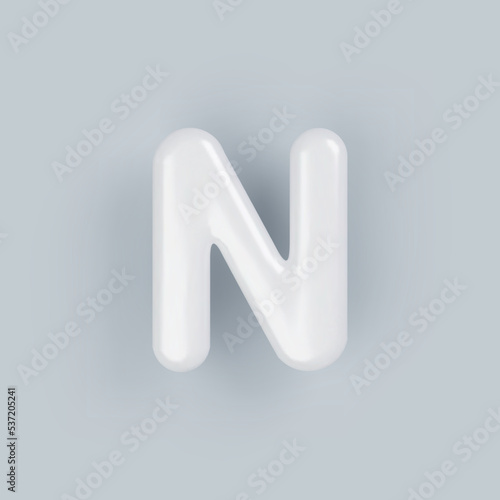 3D White plastic uppercase letter N with a glossy surface on a gray background.