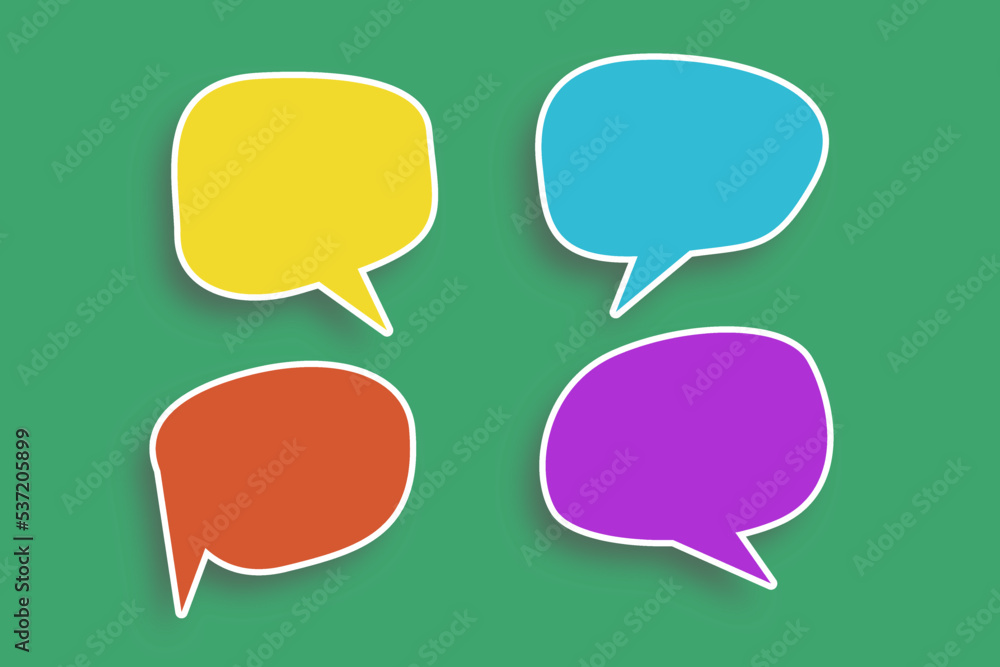 blank multi color speech bubbles, thinking balloon set on green background Conceptual image about communication and social media, customer feedback blank multi color speech bubbles, thinking balloon set on green background Conceptual image about communication and social media, customer feedback