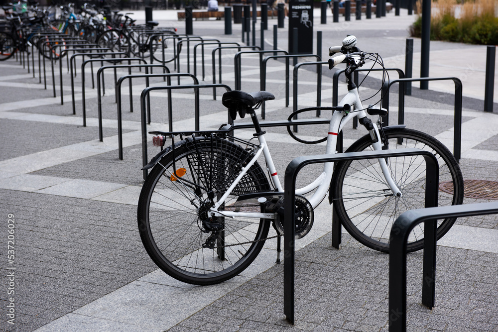Bicycle parking with metal racks.