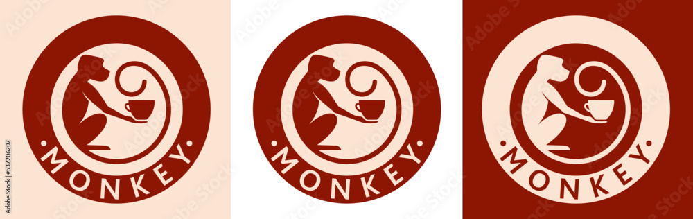 Monkey with a cup of coffee or tea. Logo or badge for coffee shops and cafes. Vector illustration. Special logo Monkey with a cup of coffee or tea. Logo or badge for coffee shops and cafes. Vector illustration. Special logo