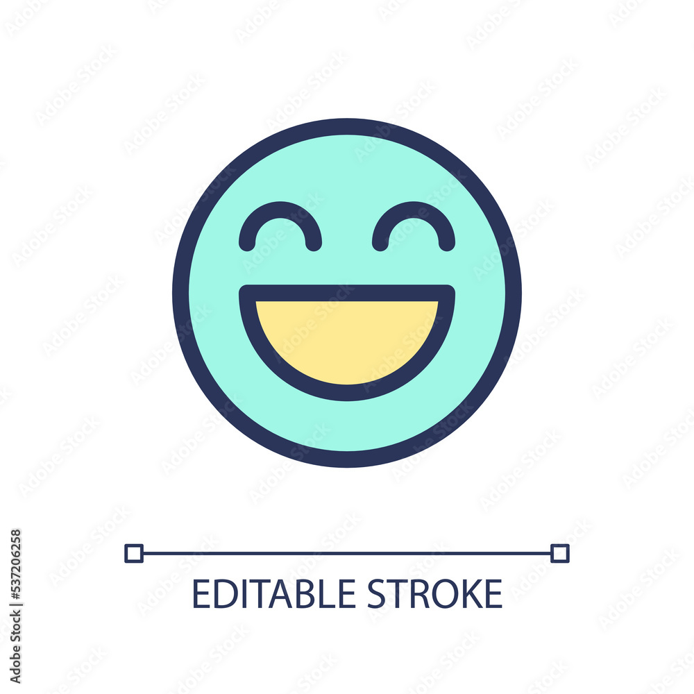 Laughing emoji pixel perfect RGB color ui icon. Feelings expression. Simple filled line element. GUI, UX design for mobile app. Vector isolated pictogram. Editable stroke. Arial font used Laughing emoji pixel perfect RGB color ui icon. Feelings expression. Simple filled line element. GUI, UX design for mobile app. Vector isolated pictogram. Editable stroke. Arial font used