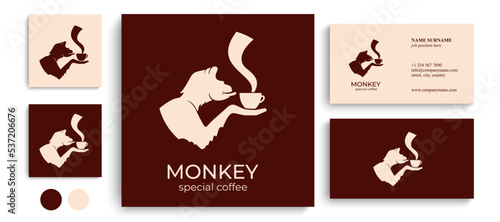 Monkey with a cup of coffee or tea. Logo or badge for coffee shops and cafes. Vector illustration. Special logo