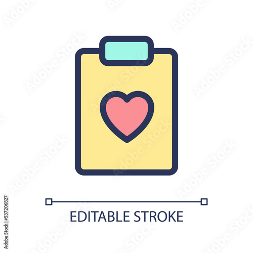 Health record pixel perfect RGB color ui icon. Medical history. Heart checkup. Simple filled line element. GUI, UX design for mobile app. Vector isolated pictogram. Editable stroke. Arial font used