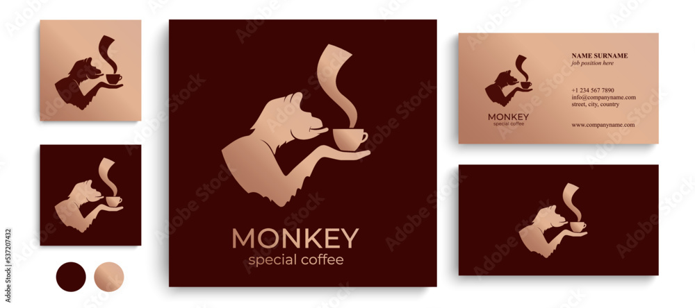 Monkey with a cup of coffee or tea. Logo or badge for coffee shops and cafes. Vector illustration. Special logo Monkey with a cup of coffee or tea. Logo or badge for coffee shops and cafes. Vector illustration. Special logo