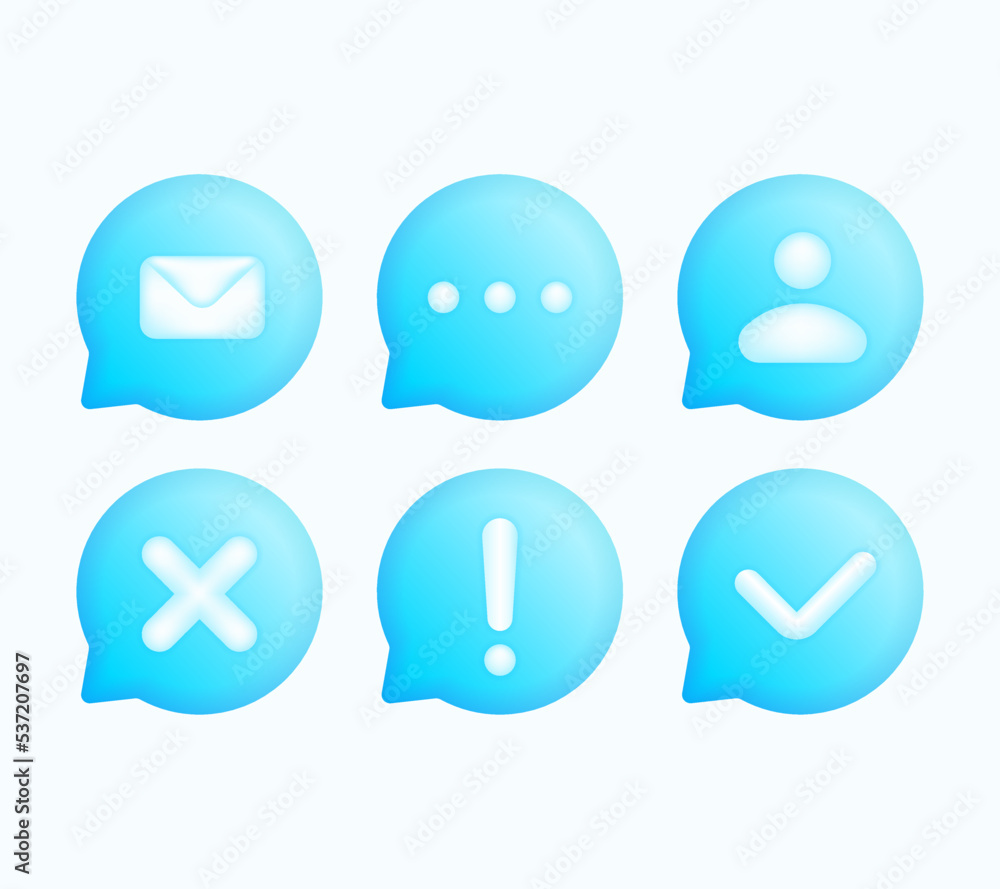 Set of 3D blue speak bubble text, chatting box, message box realistic vector illustration design. Mail icon, support, yes or no sign. Balloon 3D style of thinking sign symbol. On the white background. Set of 3D blue speak bubble text, chatting box, message box realistic vector illustration design. Mail icon, support, yes or no sign. Balloon 3D style of thinking sign symbol. On the white background.
