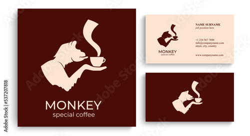 Monkey with a cup of coffee or tea. Logo or badge for coffee shops and cafes. Vector illustration. Special logo © Alwih