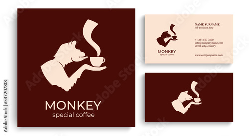 Monkey with a cup of coffee or tea. Logo or badge for coffee shops and cafes. Vector illustration. Special logo