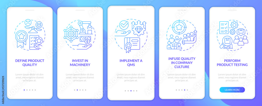 Improving product quality blue gradient onboarding mobile app screen. Brand walkthrough 5 graphic instructions with linear concepts. UI, UX, GUI template. Myriad Pro-Bold, Regular fonts used