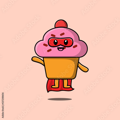 Cute Cupcake superhero character flying illustration cartoon vector in 3d modern style design