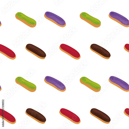 Seamless pattern of colorful eclairs in a flat style on a white background. For wrapping paper, wallpaper, screensavers