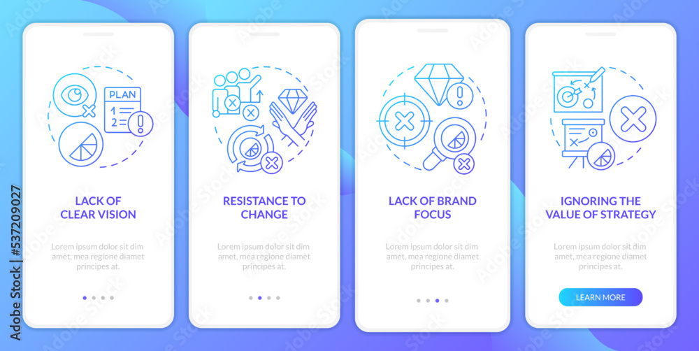 Brand longevity challenges blue gradient onboarding mobile app screen. Walkthrough 4 graphic instructions with linear concepts. UI, UX, GUI template. Myriad Pro-Bold, Regular fonts used