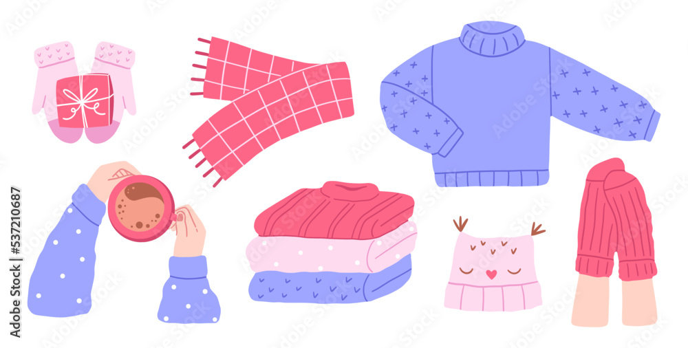 Collection of knitted clothes illustrations in pastel colors. Warm wool knitted sweaters, socks, mitts, scarf and hat.
