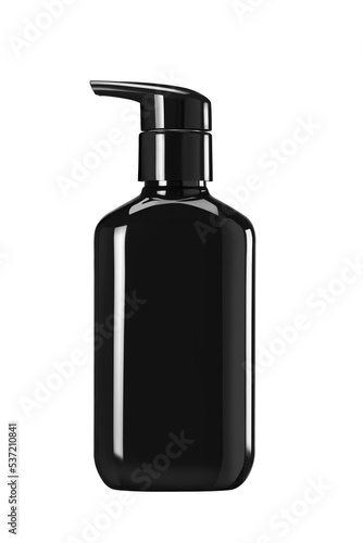 Black glossy plastic bottle with pump dropper for medicine or cosmetic isolated on white background