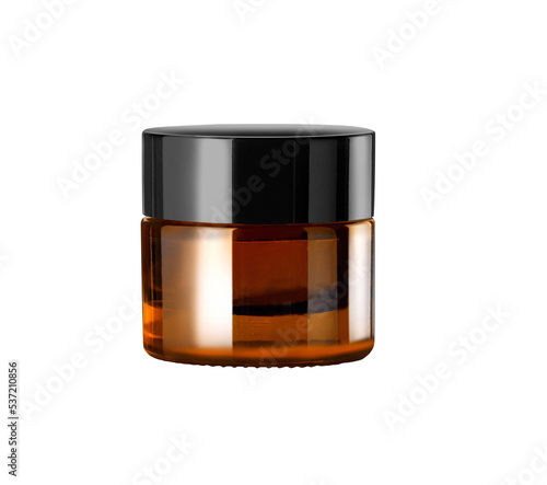 close up Brown Glass Cosmetic Jar for Cream or Gel Packaging. Isolated on White Background.