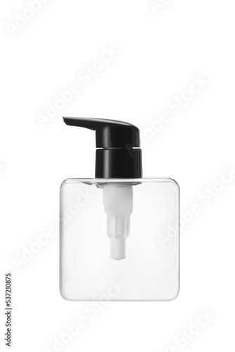 Clear plastic square bottle with black pump dropper, used for liquid soap, shampoo and lotion isolated  white background