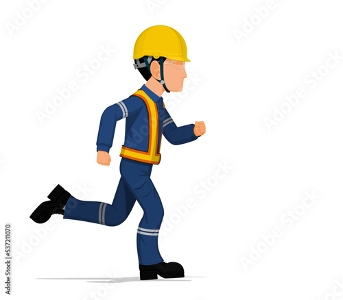 An industrial worker is running on white background