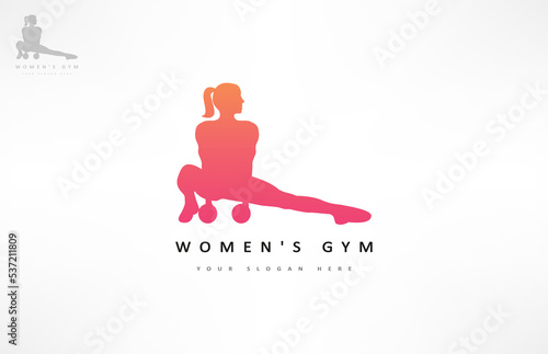 Womens gym logo vector. Woman with dumbbells.