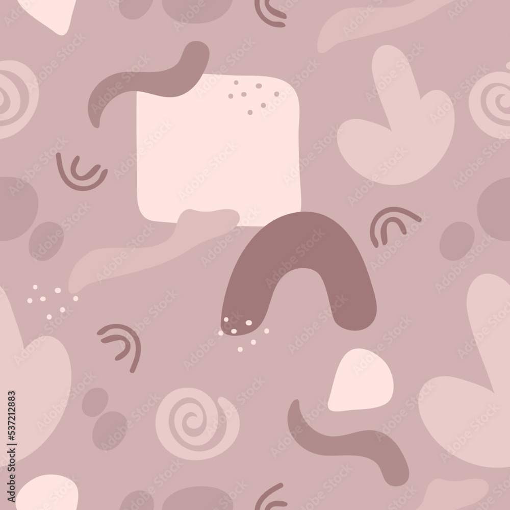 Seamless hand drawn pattern. Abstract modern monochrome shapes and objects in pastel colors. Doodle design elements. Background, wallpaper, packaging, textile template.