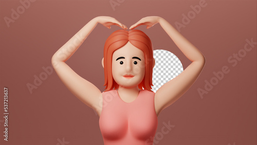 Portrait smiling cute girl, pink t-shirt. Love, heart hand gesture, Minimal stylized art. 3d render on brown background
