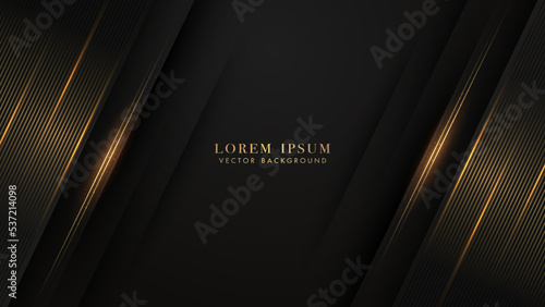 Abstract diagonal line gold stripe with glitter light effect decoration on black background. Luxury style design concept