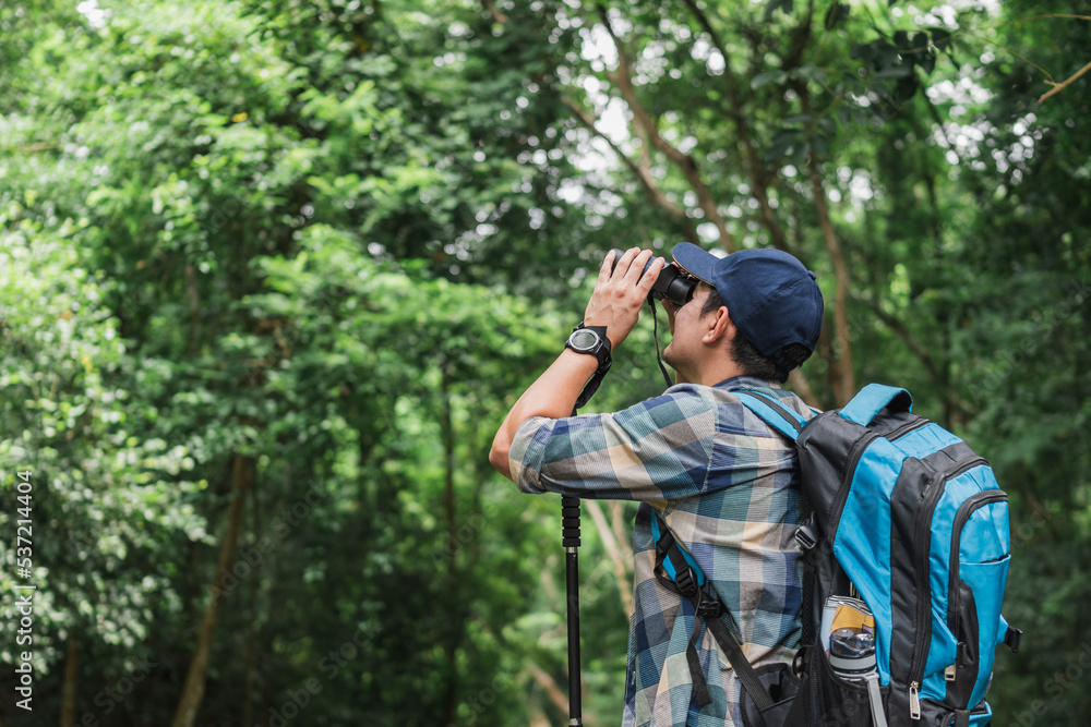 Tourist is watching bird on top of tree through binoculars in jungle. Travel, Hiking, Trekking concept.