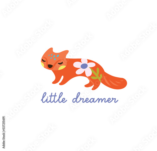 Sweet orange fox character with flower inside. Vector illustration