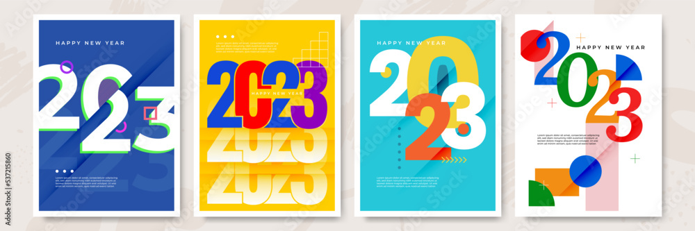 Happy New Year 2023 posters collection in flat style. Greeting card template with colourful graphics and typography. Creative concept for banner, flyer, cover, social media. Vector illustration.
