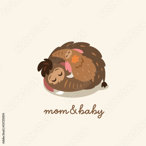 Mother mammoth sleeping with her baby. Cartoon logotype. Vector illustration