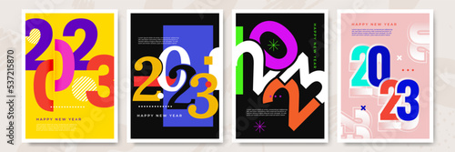 Happy New Year 2023 posters collection in flat style. Greeting card template with colourful graphics and typography. Creative concept for banner, flyer, cover, social media. Vector illustration.