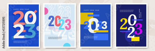 Happy New Year 2023 posters collection in flat style. Greeting card template with colourful graphics and typography. Creative concept for banner, flyer, cover, social media. Vector illustration.