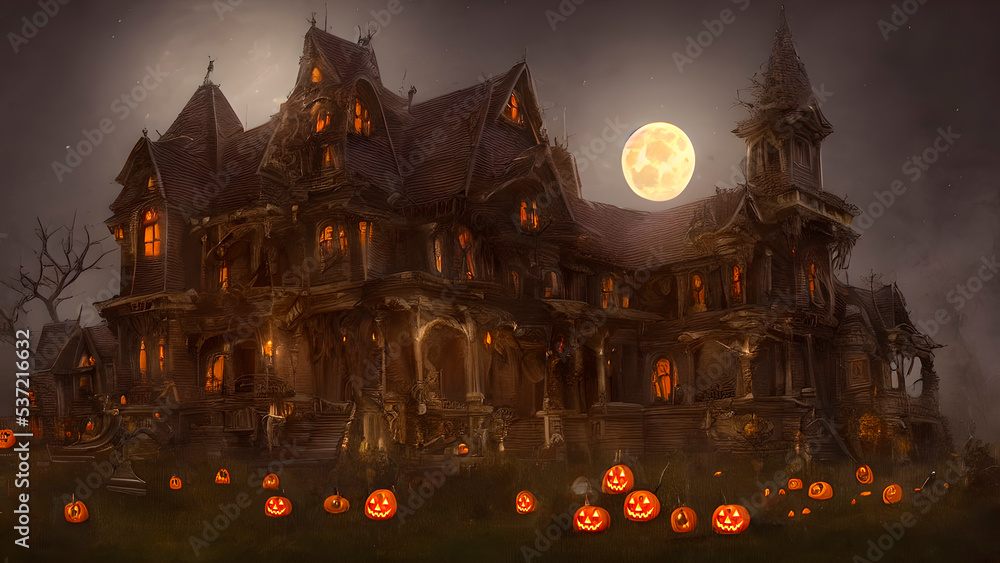 Obraz premium Old haunted house with halloween pumpkins with a full moon. Night horror Halloween . Pumpkins in the graveyard at spooky night. Halloween background. halloween concept. Casa encantada