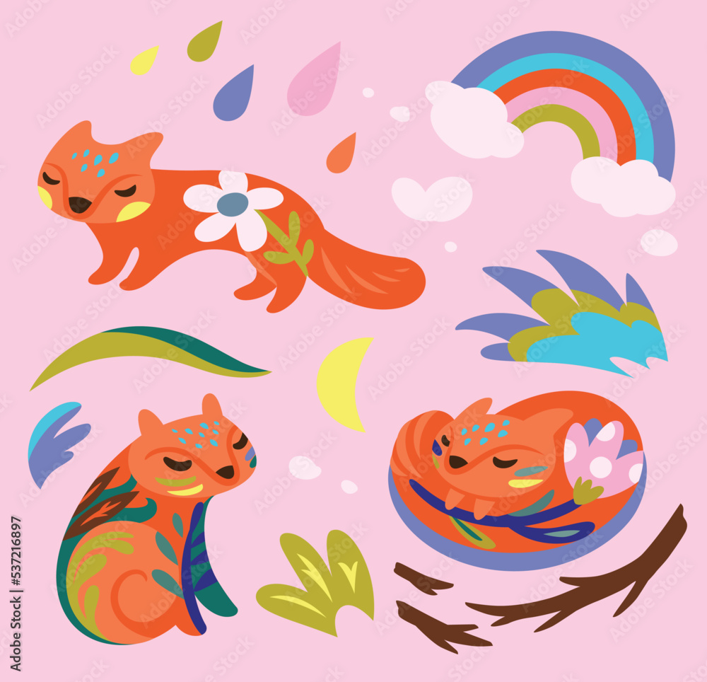Romantic set of cute foxes with floral elements. Vector illustration