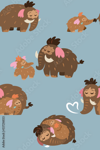 Sweet mother mammoth with her baby seamless pattern. Vector illustration