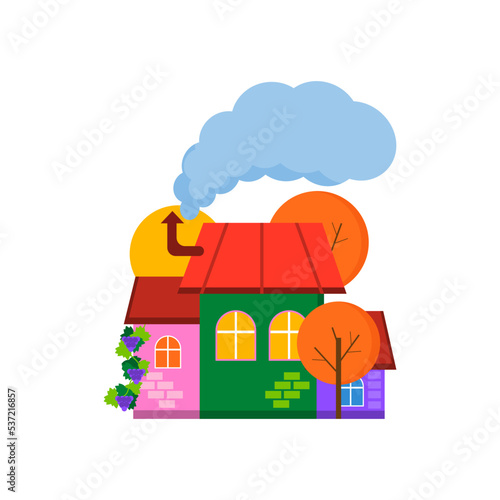 Bright city houses with smoke coming from the chimney and autumn trees. Vector illustration