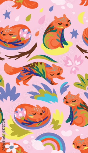 Cute foxes pattern. Seamless childish background with cartoon foxes characters 