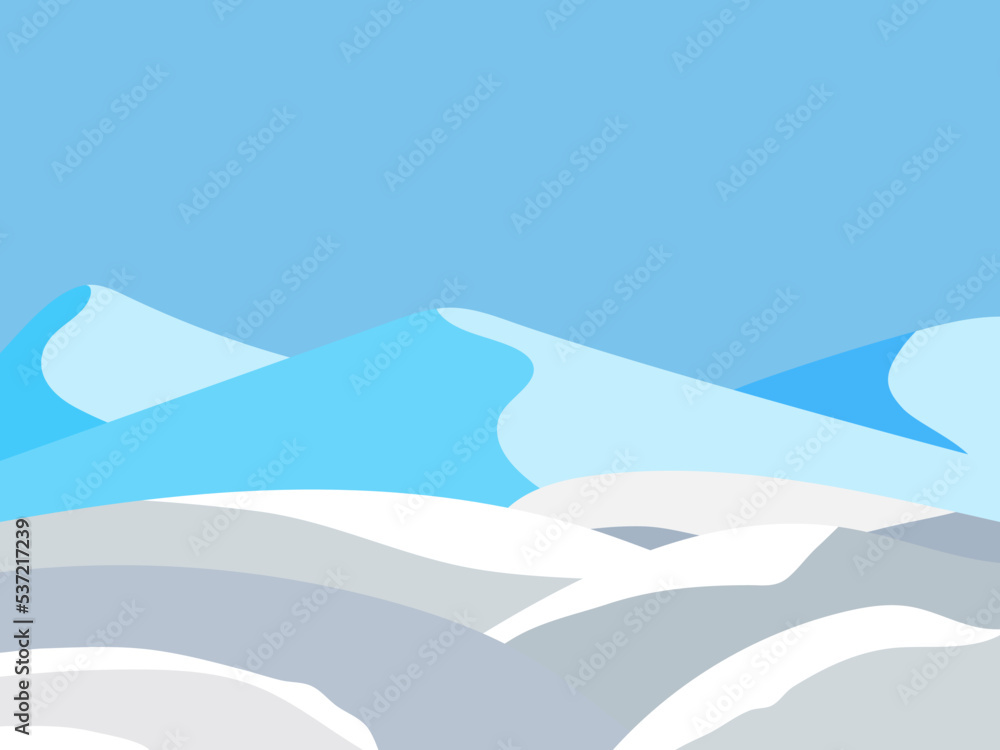 Winter landscape with snowy hills. Mountain landscape in flat style, winter cold weather. View of the snowy hills. Design for posters, travel agencies and promotional items. Vector illustration
