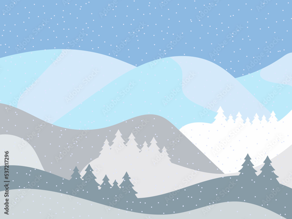 Winter landscape with snowy hills. Mountain landscape in flat style, winter cold weather. View of the snowy hills. Design for posters, travel agencies and promotional items. Vector illustration
