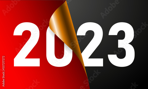 New Year 2023. Greeting card design template. The end of 2022 and the beginning of 2023. The concept of the beginning of the New Year. The page turns over and the new year begins.