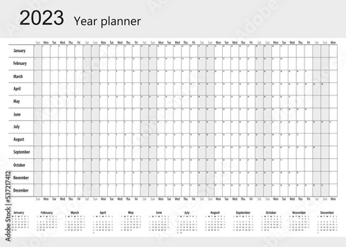Calendar for 2023. Annual calendar planner. Schedule template with months. The week starts on Sunday. Organizer of the agenda. Vector illustration.