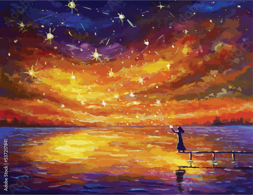 vector Fairy tale painting illustration of girl on bridge launches magical stars into sunset over river. Acrylic painting for fairy tale book or poster