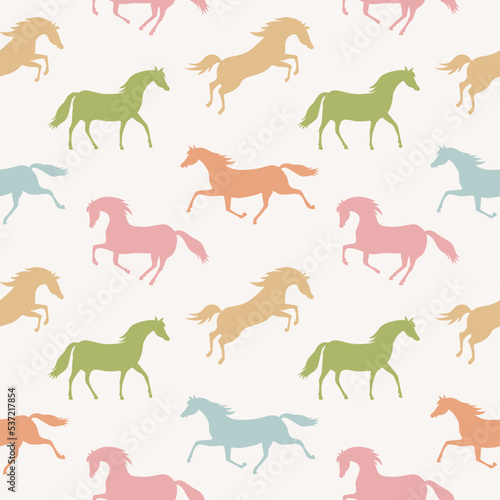 Seamless vector pattern with colorful running horses. Pastel colored horses on a beige background. Graphic print for children