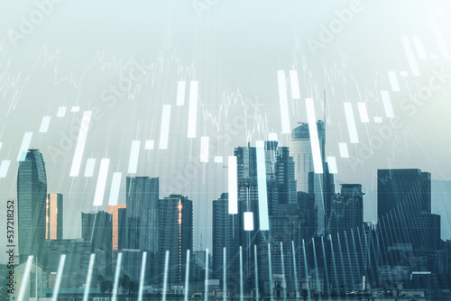 Multi exposure of virtual abstract financial graph interface on Los Angeles cityscape background  financial and trading concept