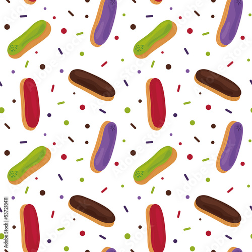 Seamless pattern of colorful eclairs in a flat style on a white background. For wrapping paper, wallpaper, screensavers